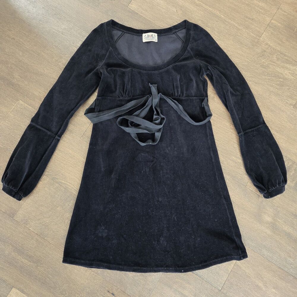 Juicy Couture Y2K Black Velvet Babydoll Dress Ls sleeves tie-front detail Size M
